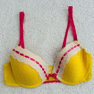 VTG Candie's Yellow Polka Dot and Pink Underwire Bra with Lace Trim Size 36C